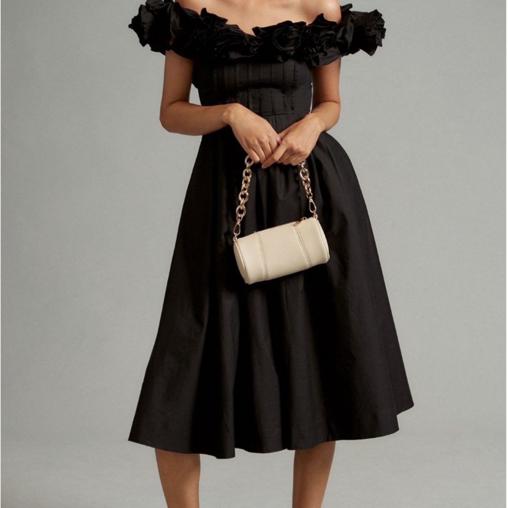 Maeve Ruffled Neckline Pleated Dress